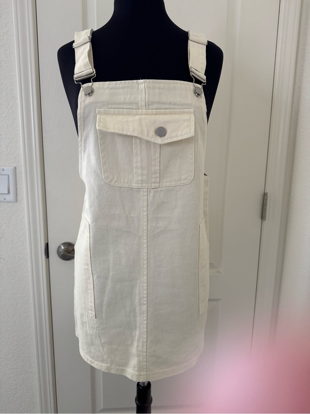 Cream Overall Pinafore Denim Style Dress